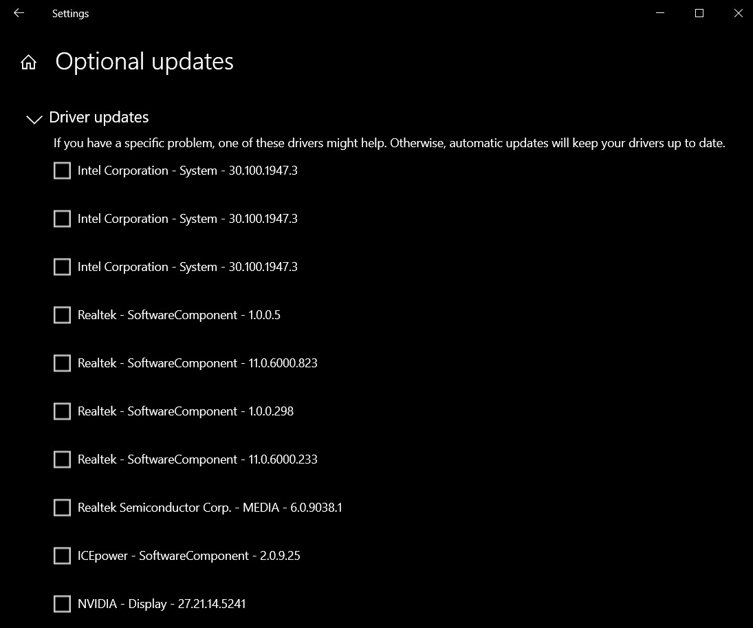 Optional updates screen