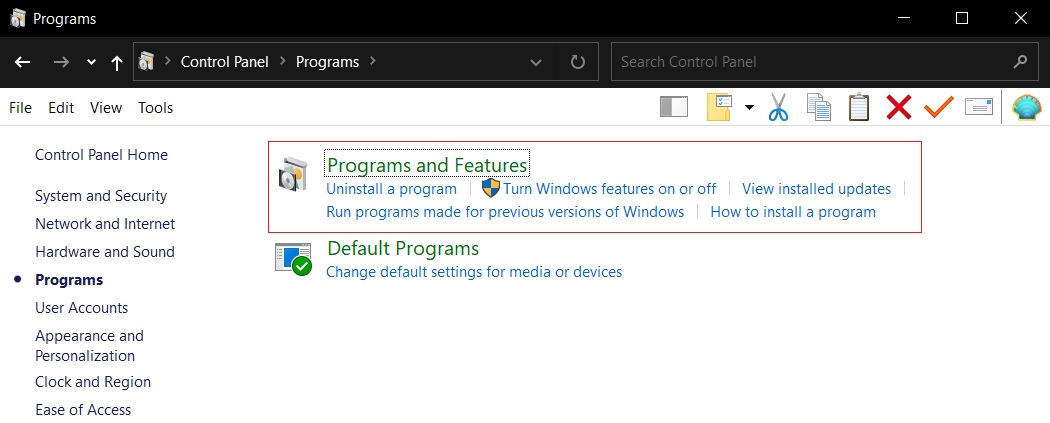 Programs and Features page