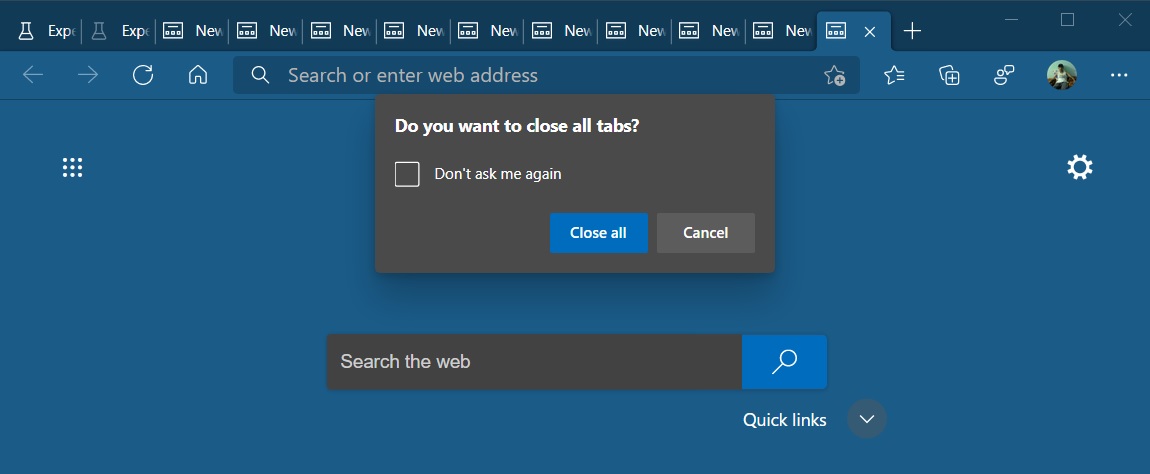 Edge close all tabs warning