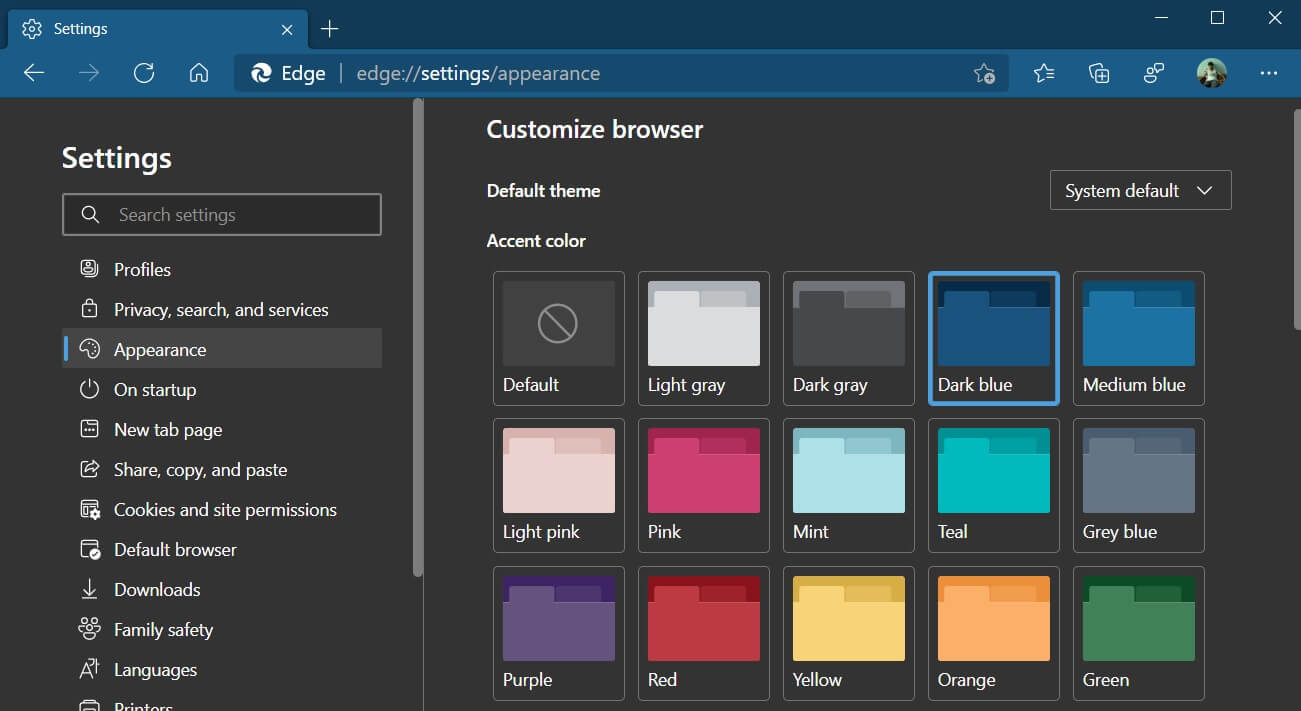 Edge custom colour themes