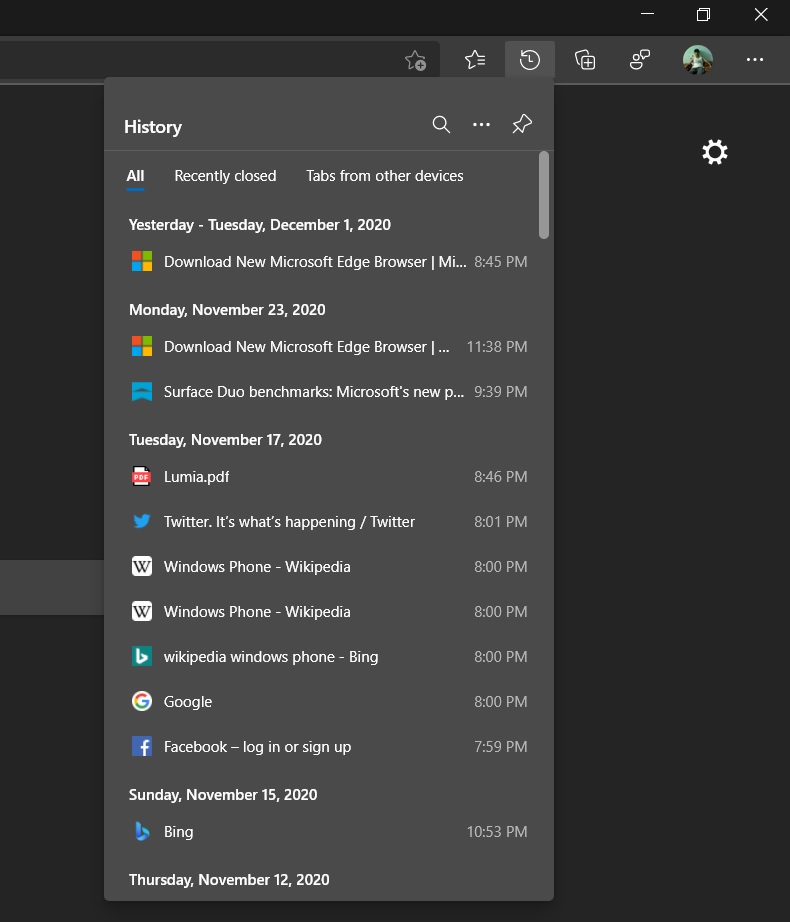 Edge history menu