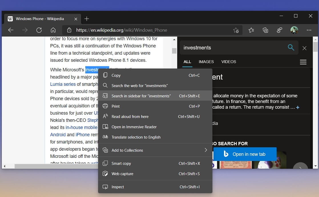 Microsoft Edge sidebar search