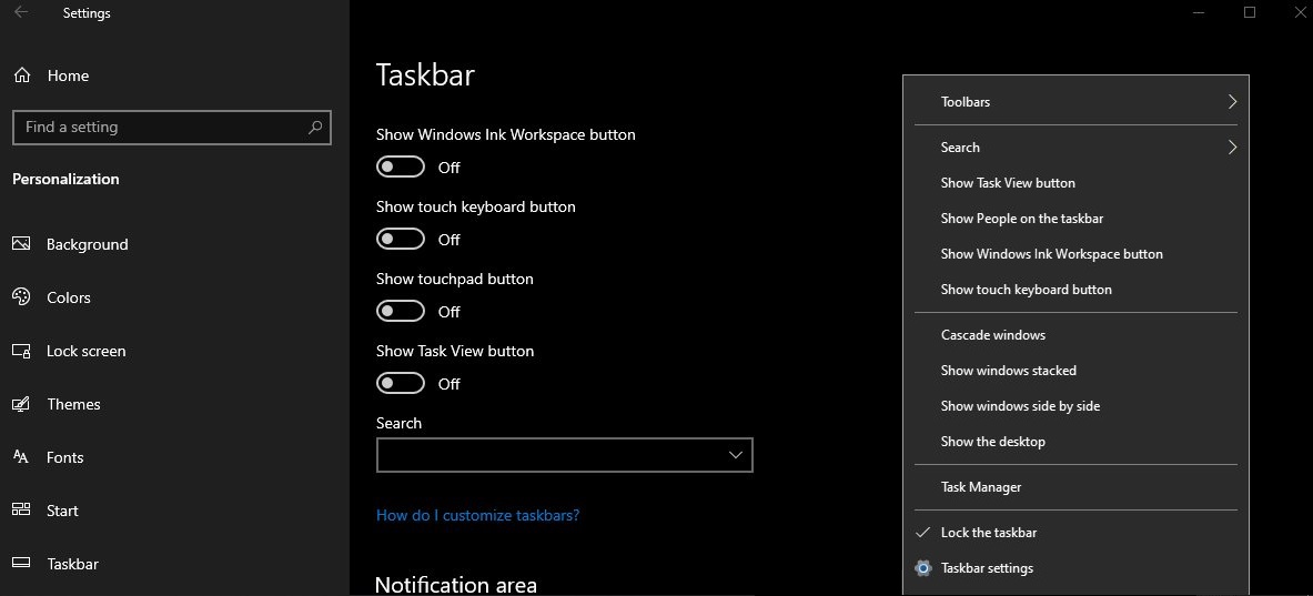 Taskbar settings