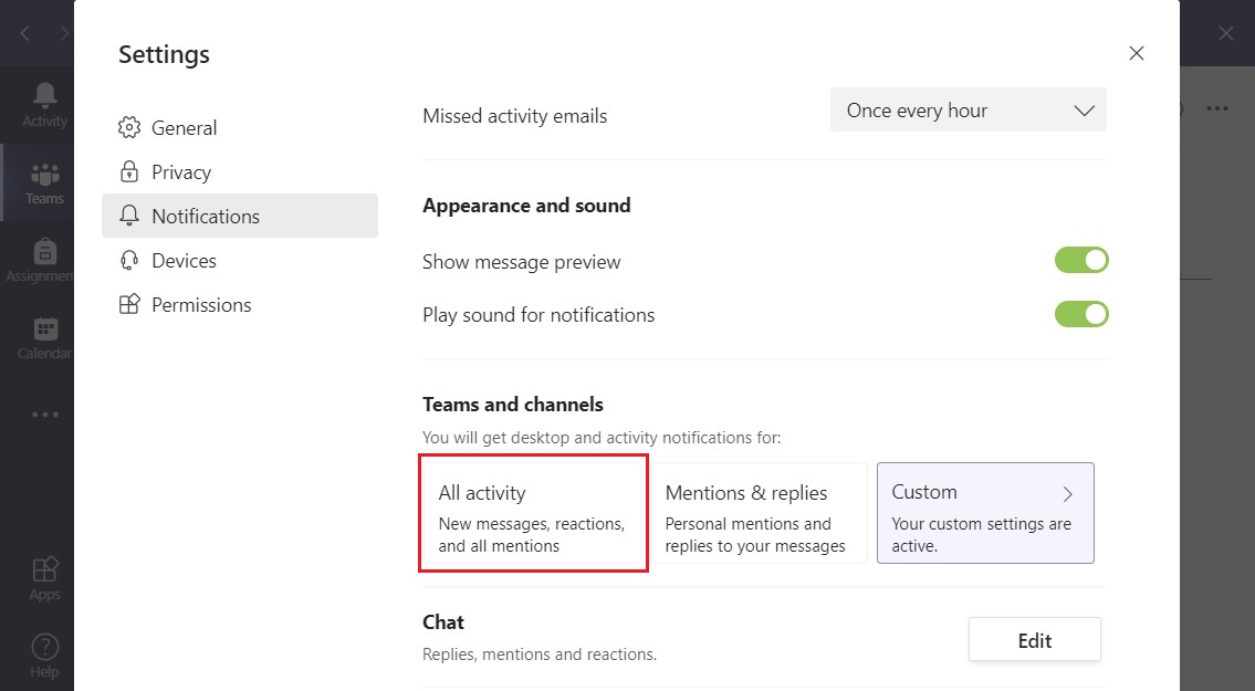 Teams all activity notifications