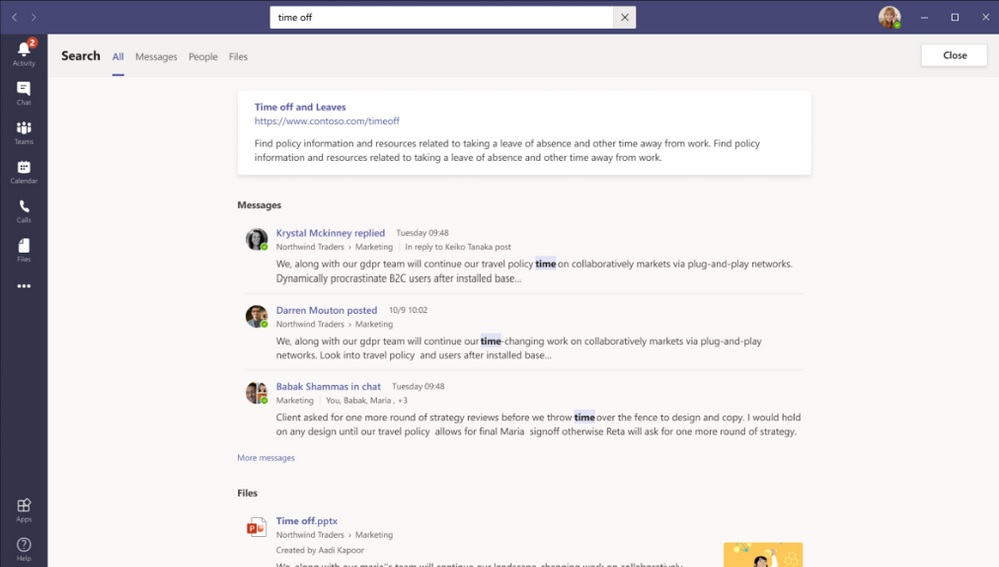 Microsoft Teams search UI