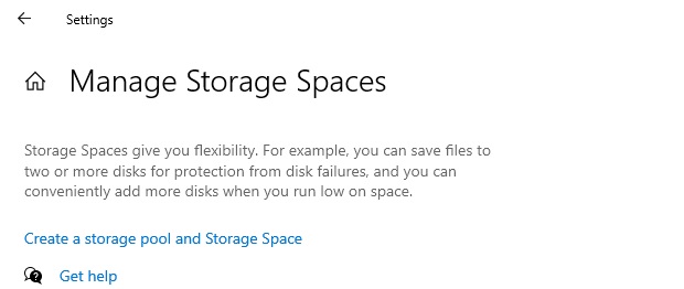 Storage Spaces in Settings