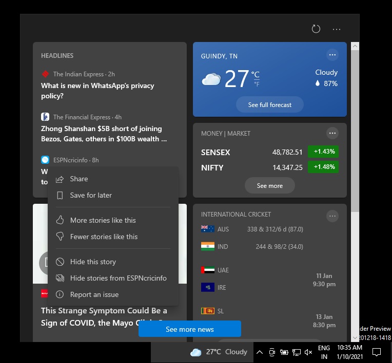 Windows taskbar news feed