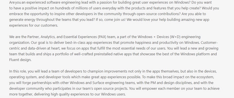 Microsoft job listing