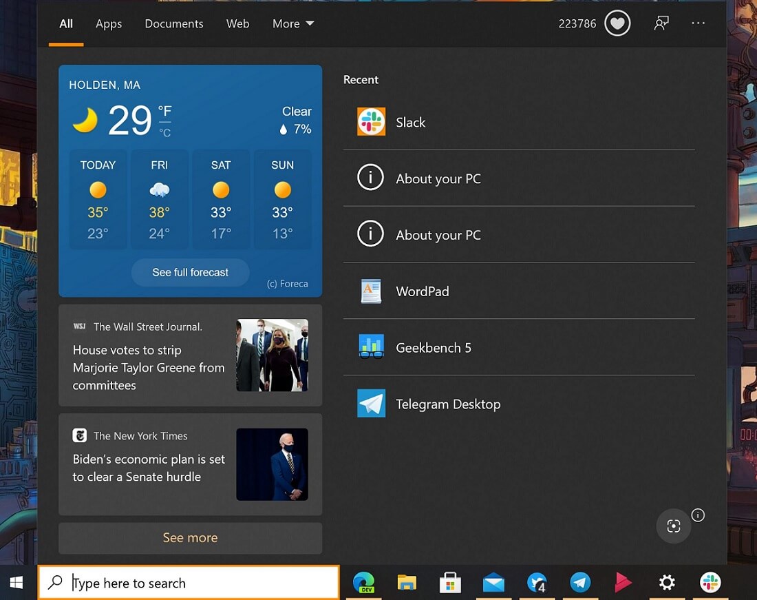 Windows Search weather UI