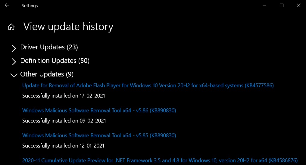 Windows Update history