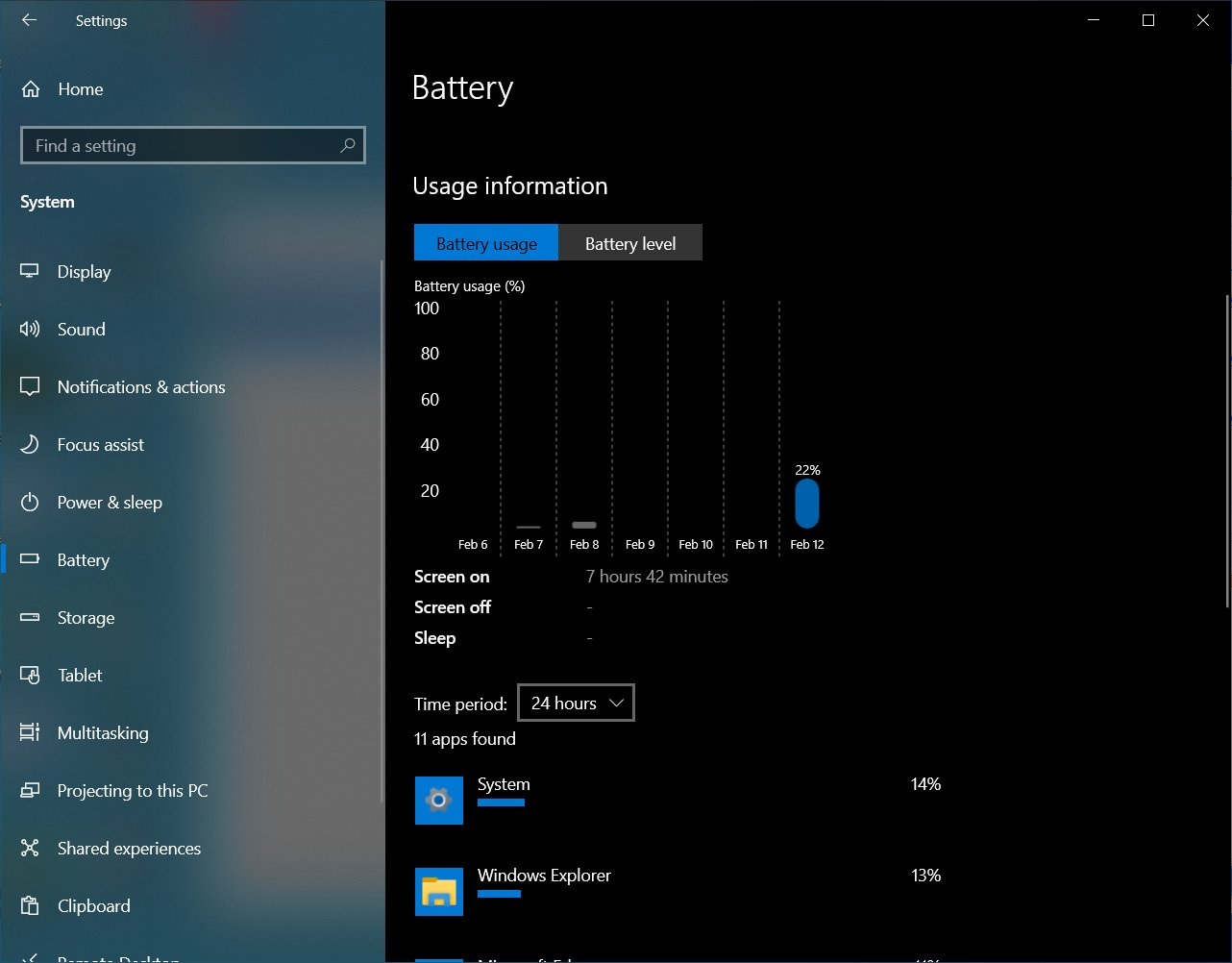 Configurações de bateria do Windows