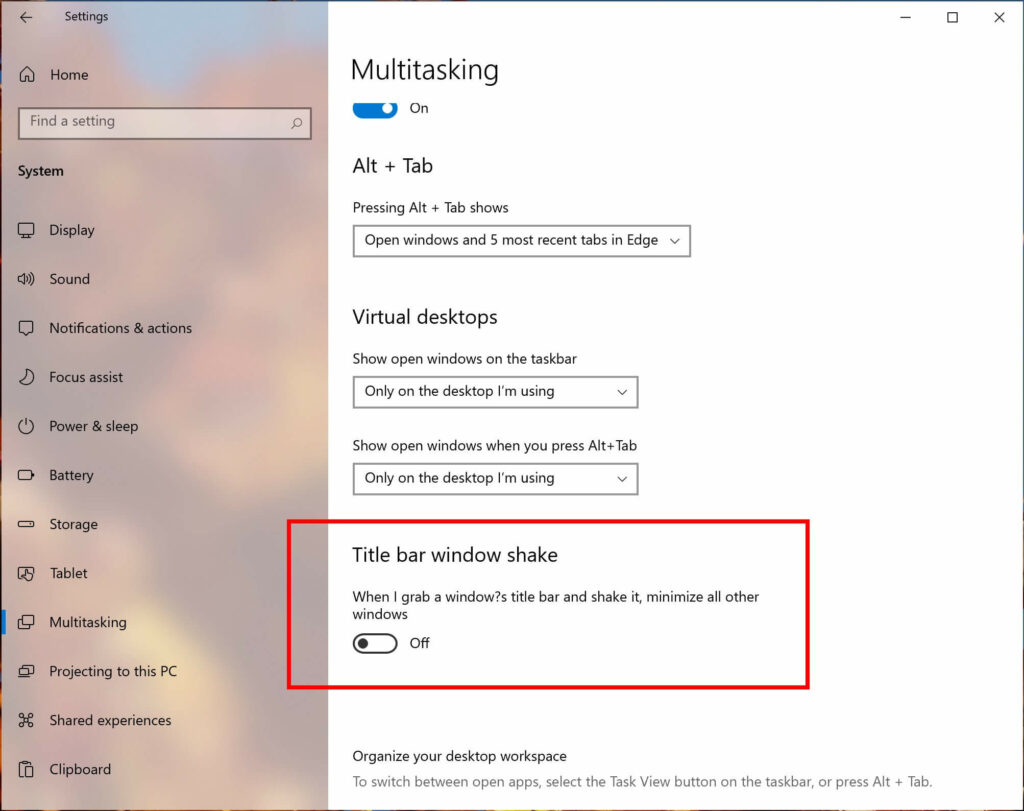 turn off aero shake windows 10 registry