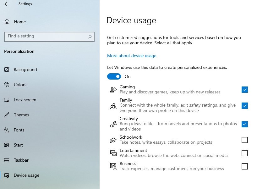 Device Usage settings