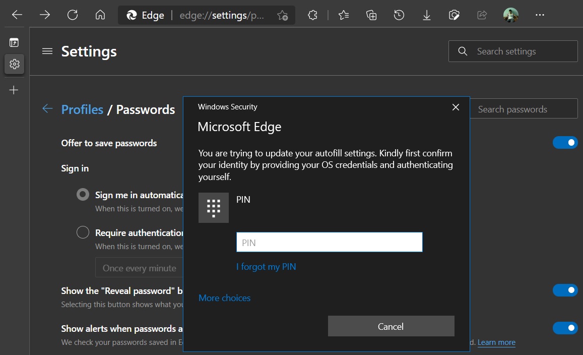 Microsoft Edge password autofill