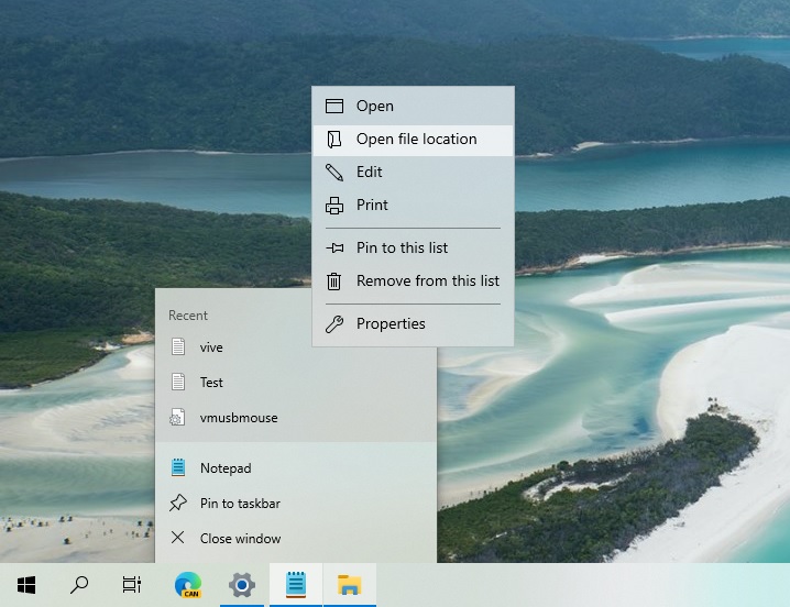 Taskbar jump list