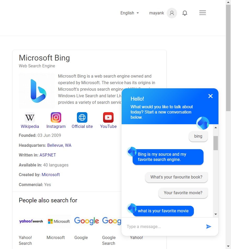 Bing chit chat bot