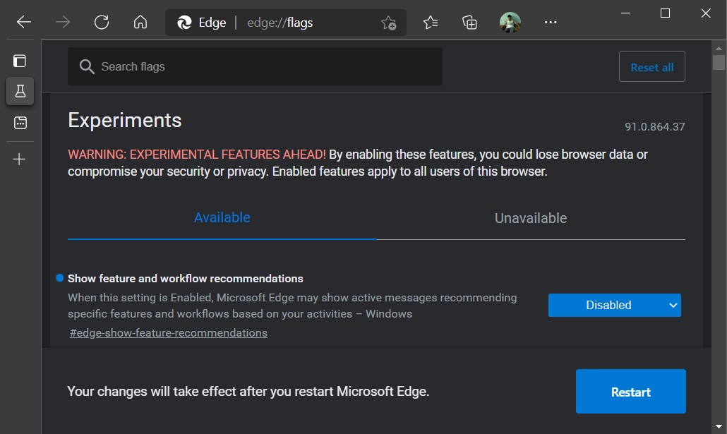 Microsoft Edge flags menu