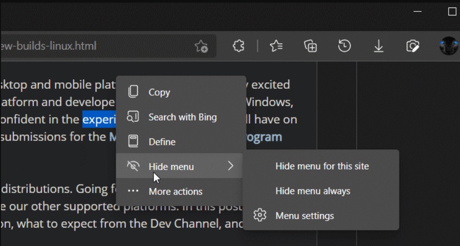Microsoft Edge mini menu