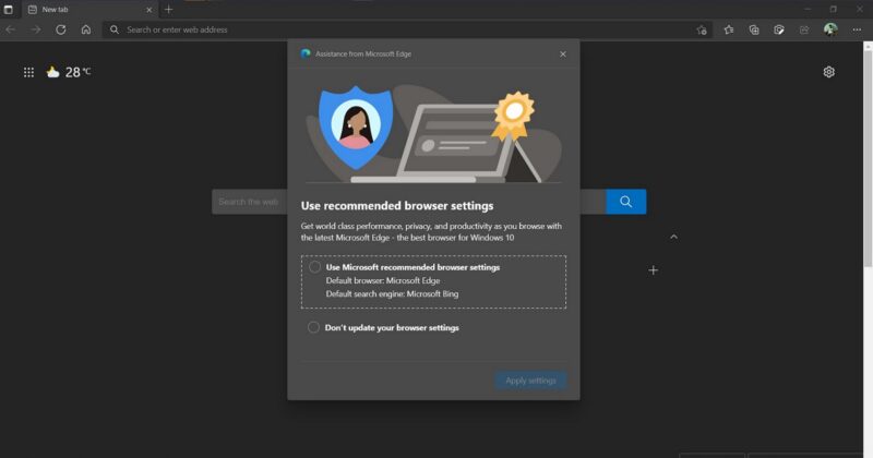 Edge Browser Alert Example Microsoft Edge nagging users with recommended browser settings alert