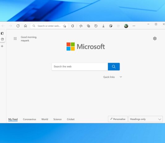 Microsoft Edge startup page