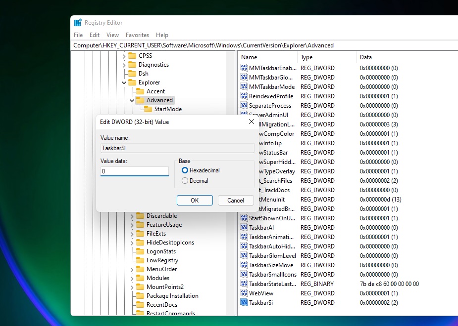 Taskbar Si in Registry Editor