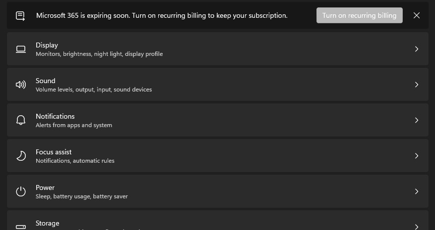 Microsoft 365 alert in Settings app