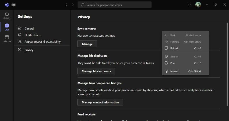 Microsoft Teams 2.0 context menu