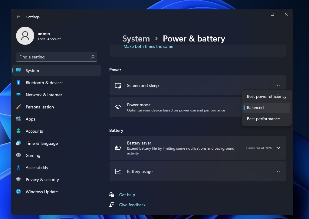 Modos de energía en Windows 11