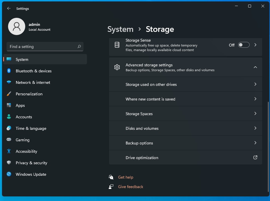 Storage Settings layout