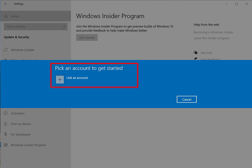 Windows Insider program select account