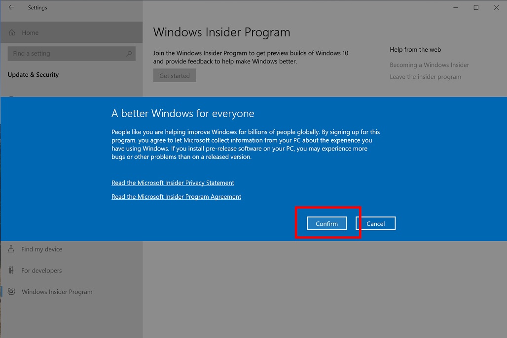 Windows Insider program setup