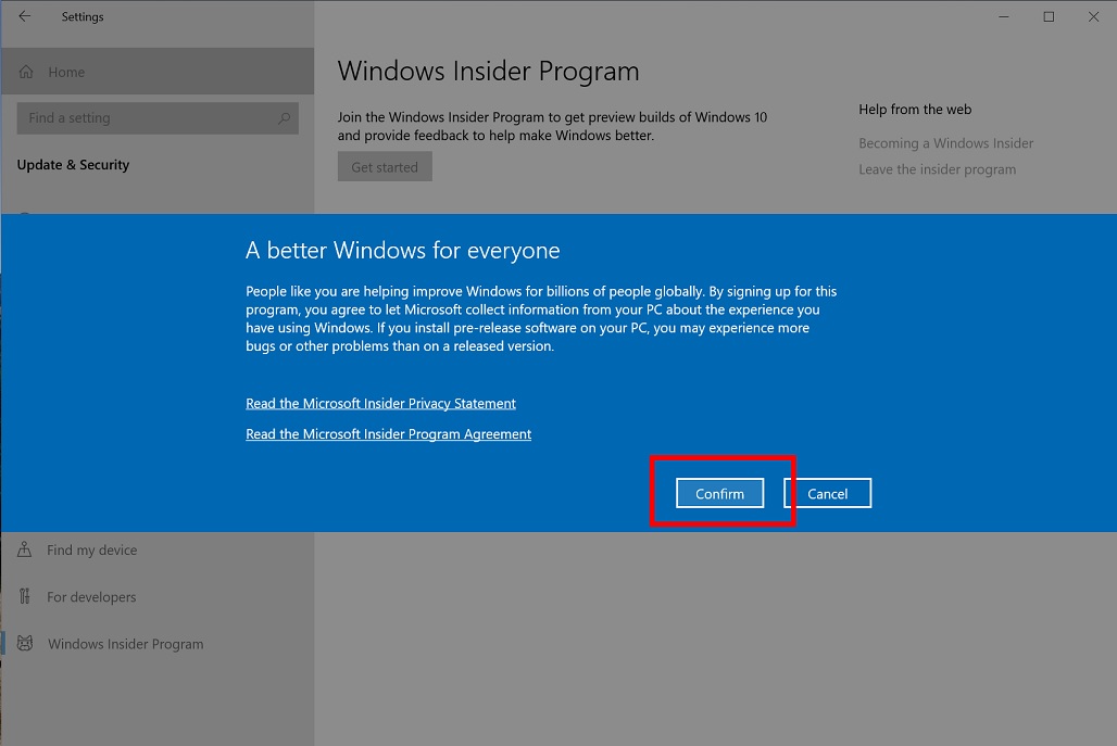Windows Insider program setup