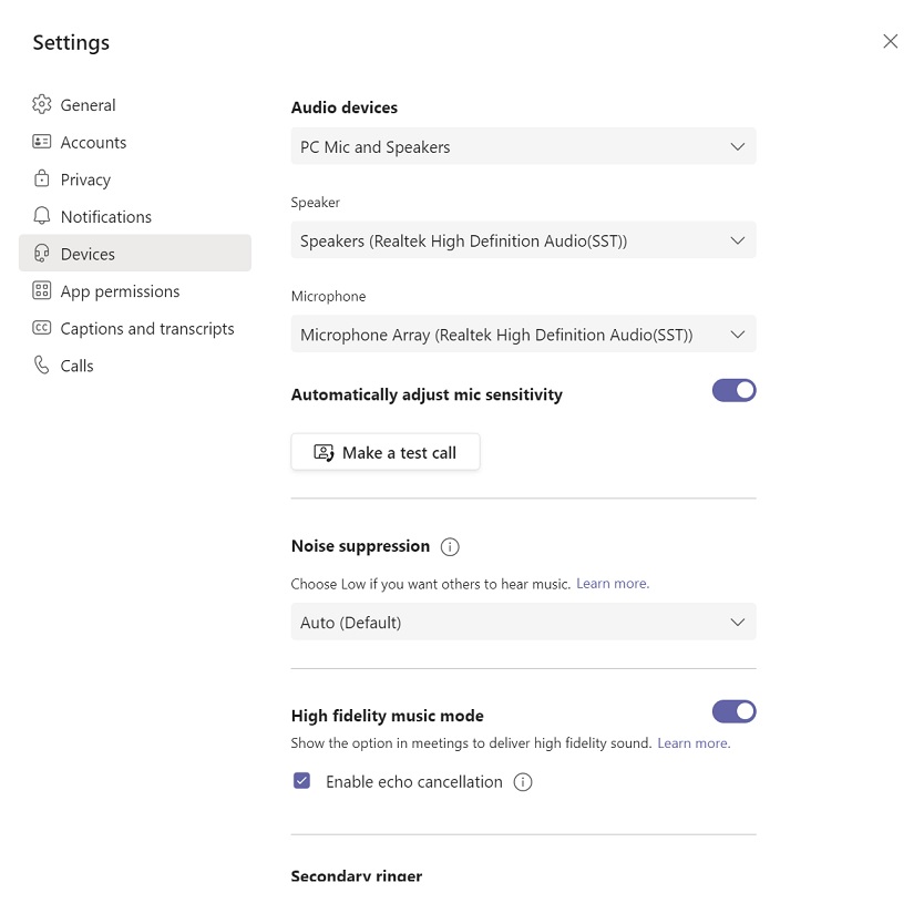 Microsoft Teams music mode setting