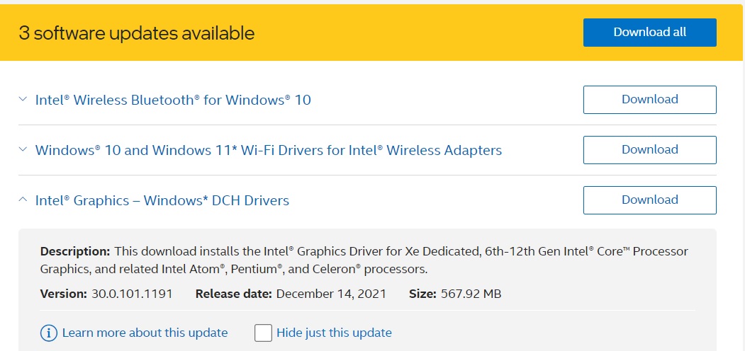 Aggiornamento del driver Intel per Windows