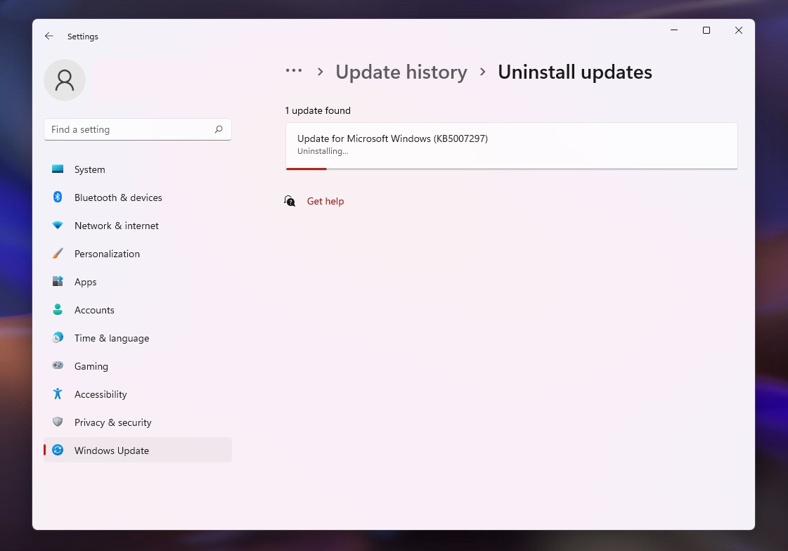 Uninstall updates in Settings