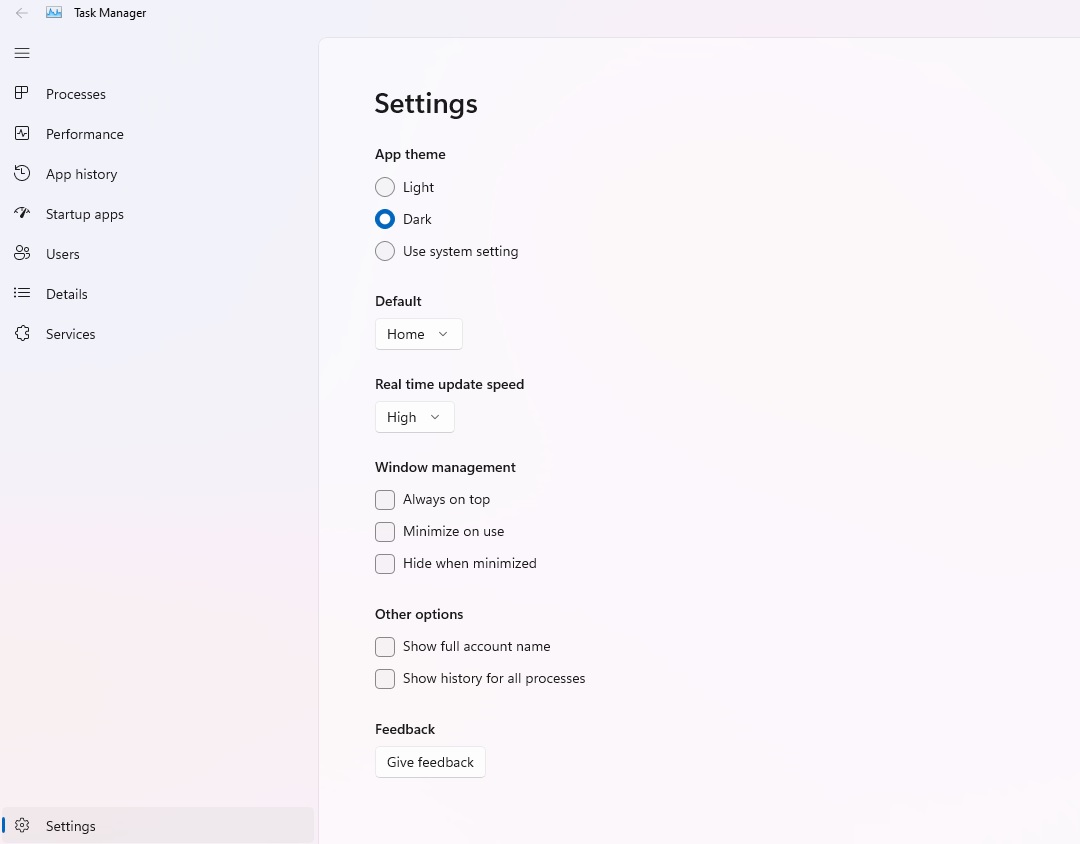 Task Manager settings