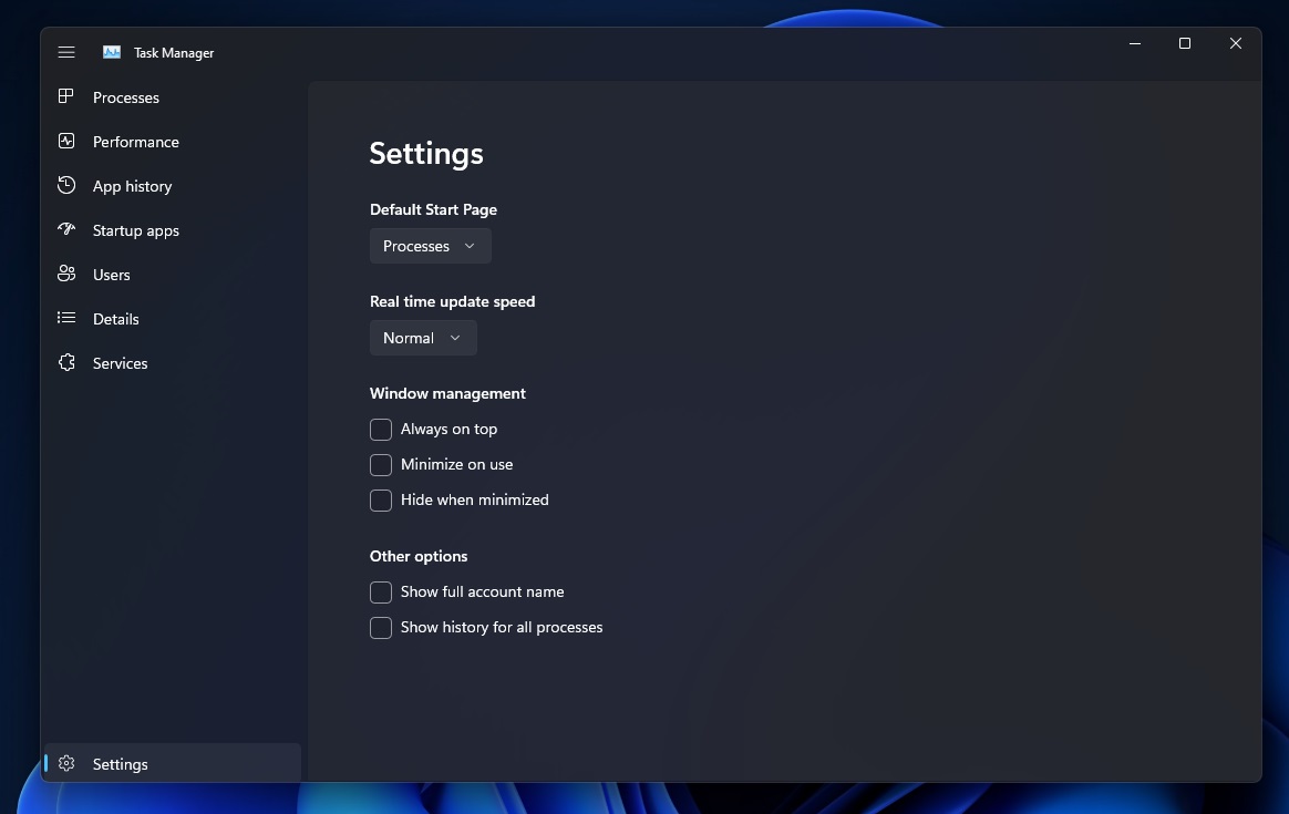 Task Manager settings