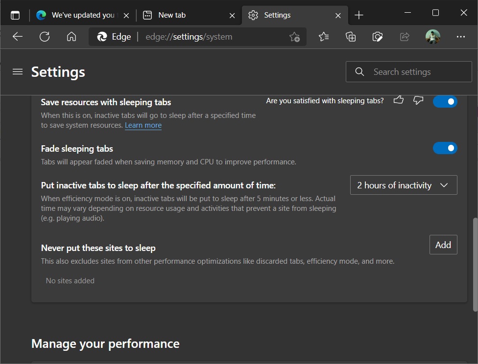 Microsoft Edge performance detector