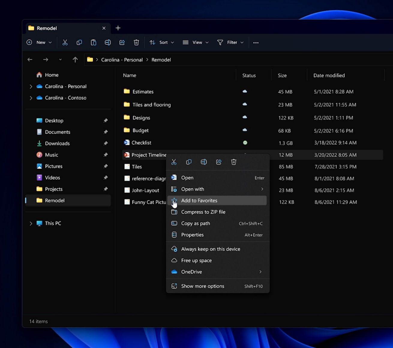 File Explorer favourites feature