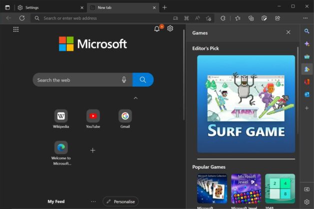 Microsoft Edge Games tab