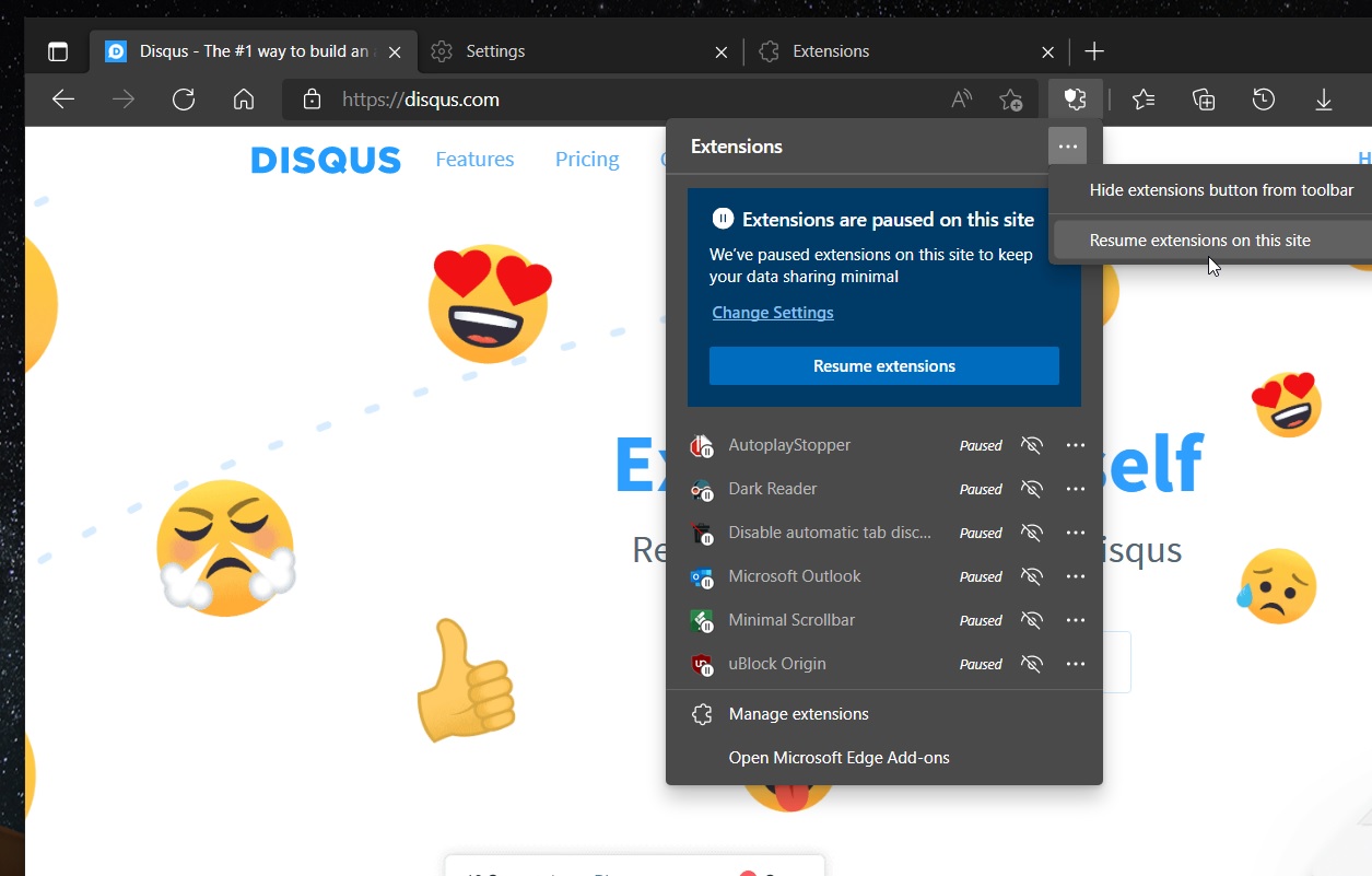 Microsoft Edge extensions paused