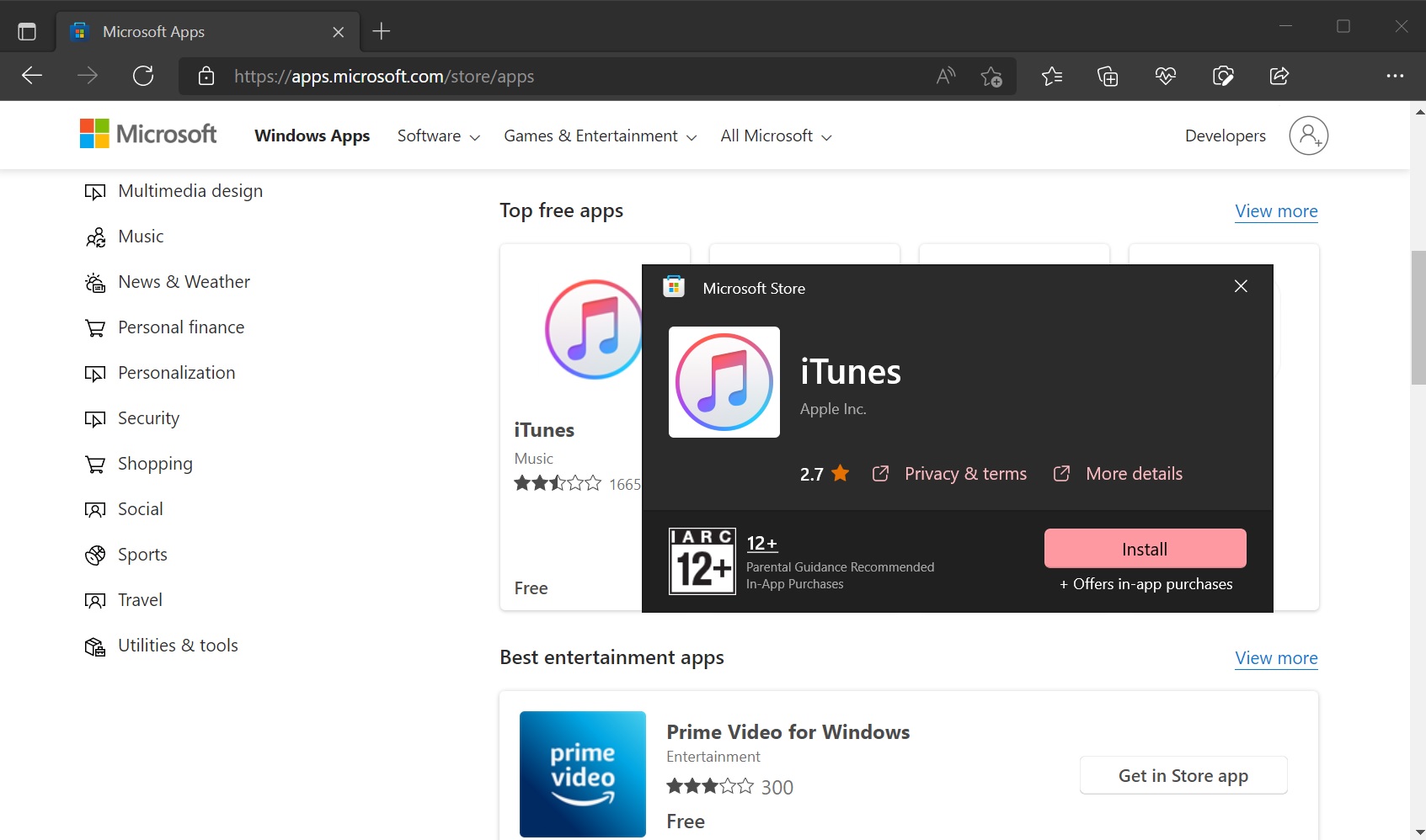 Windows 11 上的 Microsoft Store 网络