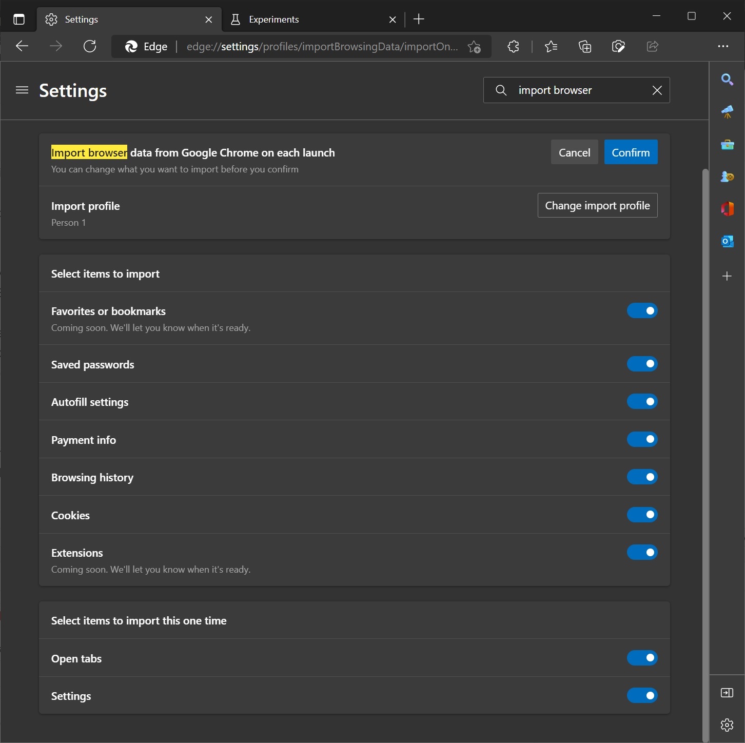 Microsoft Edge import browser settings