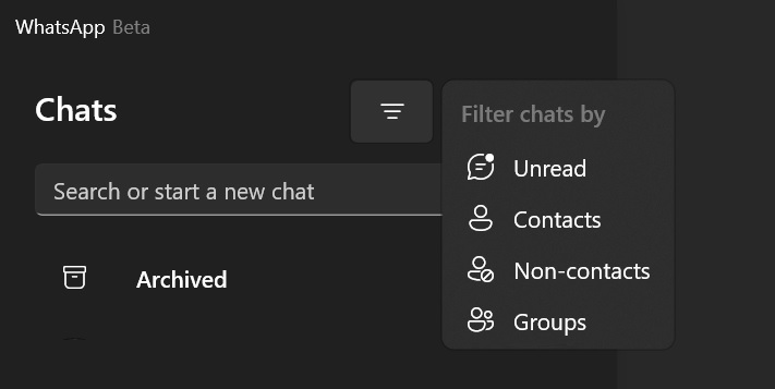 WhatsApp UWP chat filters