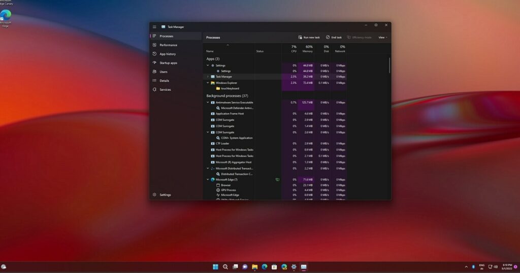 Closer look at Windows 11's Task Manager with colours, dark mode