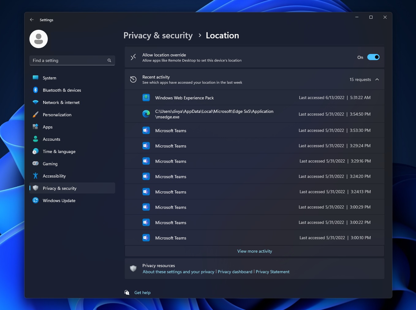 Windows 11 privacy dashboard