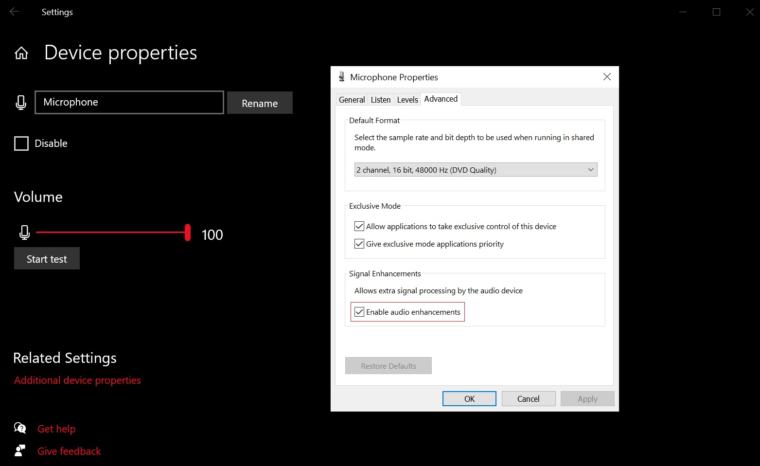 Disable audio enhancements