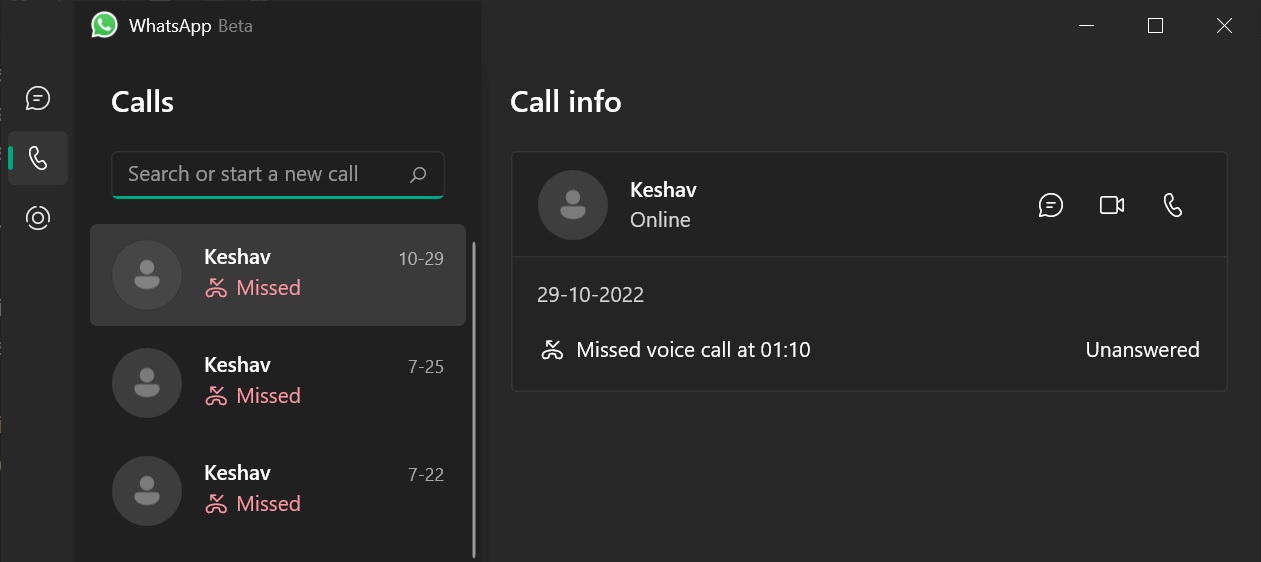 WhatsApp Calls tab for Windows 11