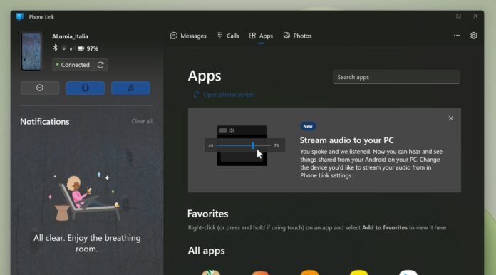 Windows 11 Phone Link app audio stream