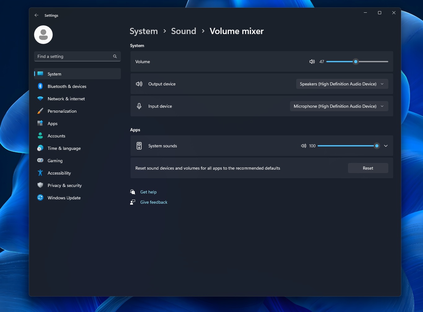 Windows 11 volume mixer default